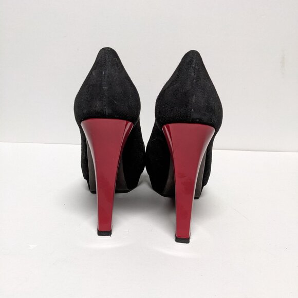 Stuart Weitzman Red and Black Suede Stiletto Peep Toe Heels Puente Size 9.5 - Picture 4 of 7